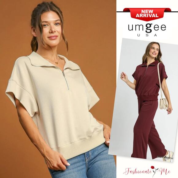 Umgee Half Length Zipper Design Short Sleeves Relaxed Fit Sweatshirt | Ecru - Picture 1 of 5